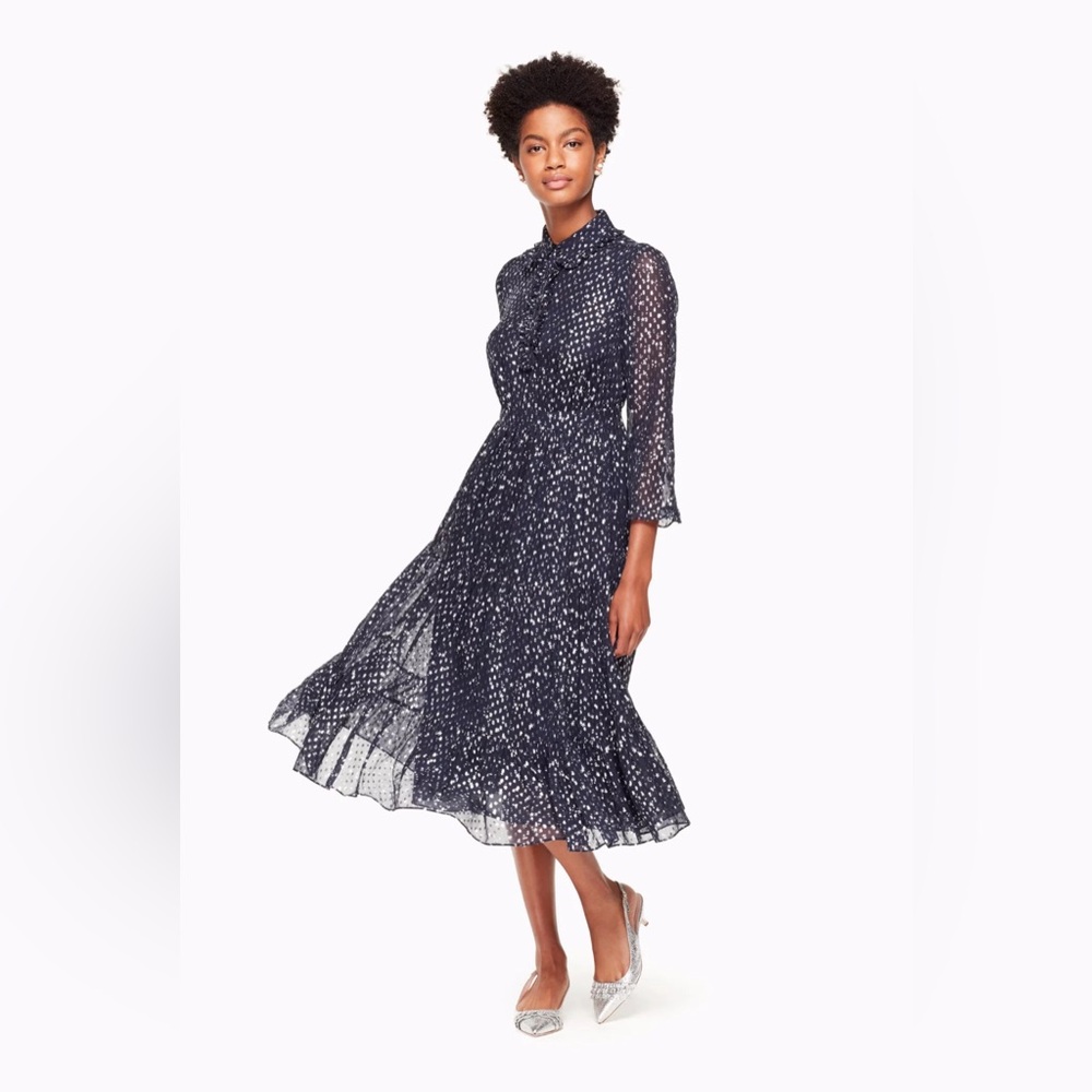 PRICE DROP! Kate Spade New York Night Navy Blue & Silver Sky Dot Midi Dress